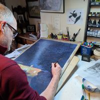 Matthew Eyles working on Christmas Lights painting.