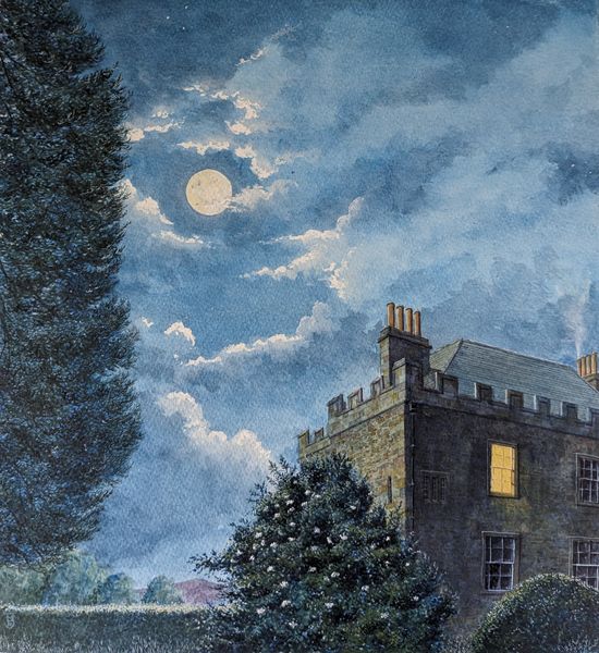 An original watercolour painting by Matthew Eyles showing a castle in the moonlight 