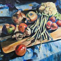 Applease, strawberries, runner beans and onions on a wooden board.