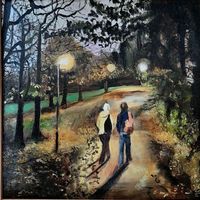 Two figures on a path through the park at dusk. Lamps light their route.