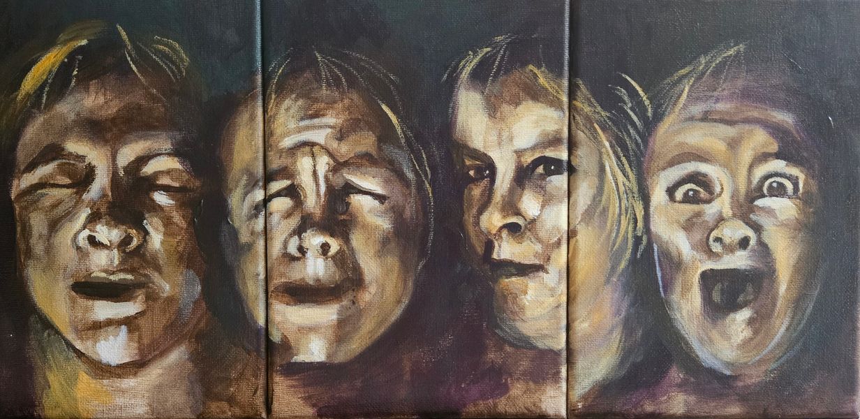 4 stages of disturbed sleep; close-up portraits of the same person having a nightmare.