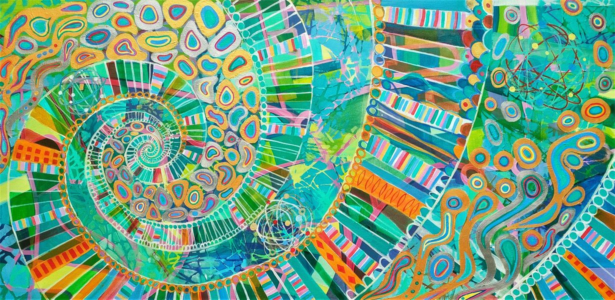 Origins 2 by Bridget March is a dynamic, abstract Fibonacci spiral with a blue and green colour scheme. 