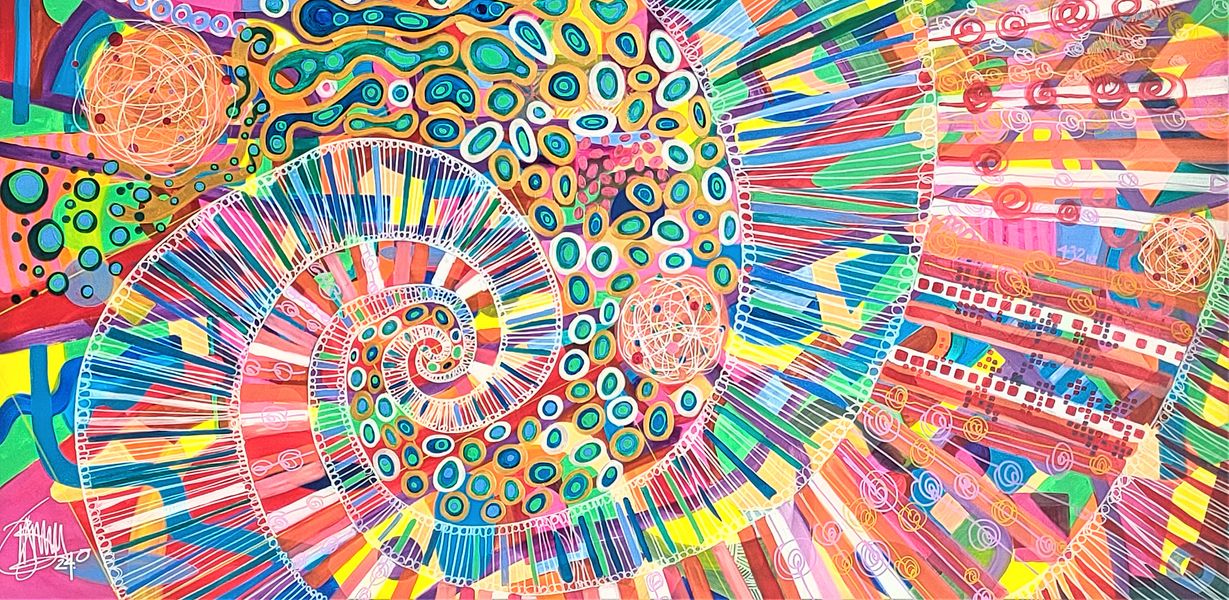 'Origins' 180x90cm Brightly coloured acrylic painting of a Fibonacci spiral that represents our primeval origins