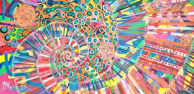 Abstract colourful painting of a Fibonacci spiral