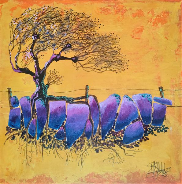 Hawthorn tree in rocky ground. Purple and amber