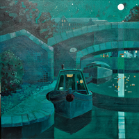 Canal boat and bridge by moonlight