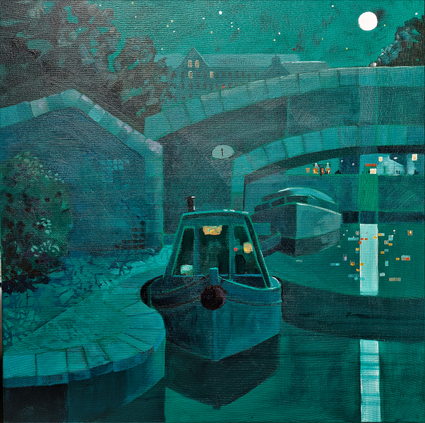 Canal boat and bridge by moonlight