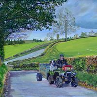 Ride to work by Jonathan Little, an original oil painting showing a Yorkshire Dales Farmer on a quad bike with a sheep dog along a Yorkshire Dales lane with sheep in the background, dales and trees in a rolling Yorkshire Landscape. Collie dogs are a popular breed in the Yorkshire Dales, used by shepherds and a valuable asset to sheep farmers.