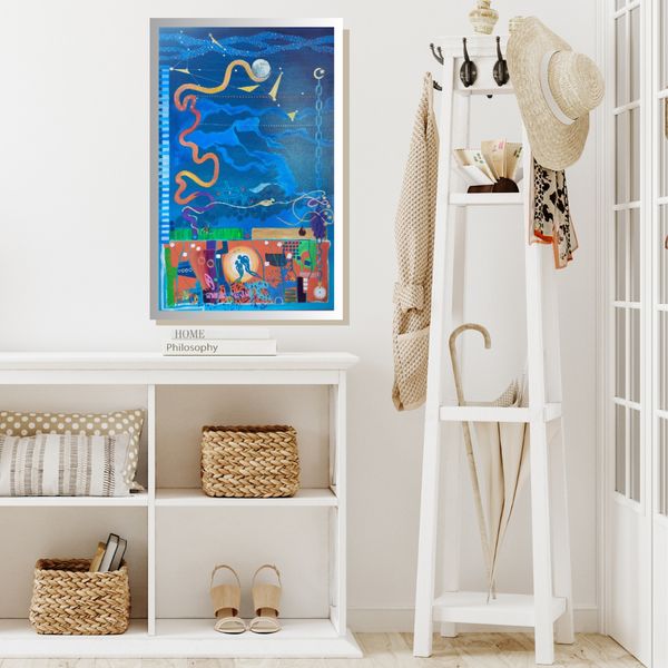 Vega and Altair painting in a roomset with hat stand and shelf unit