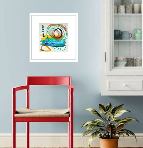 framed watercolour in a roomset with amber chair Joy