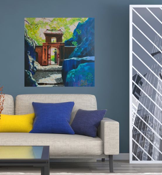The Red Gate painting in a roomset with a beige sofa, From my recent paintings of Vietnam