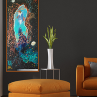 Two souls ignite painting in a roomset with amber leather sofa and side table