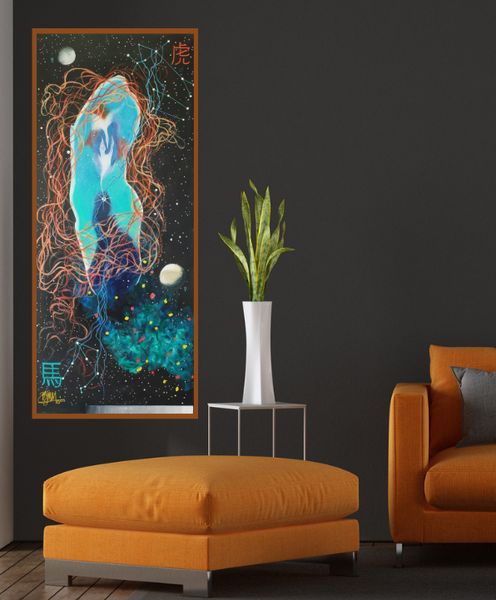 Two souls ignite painting in a roomset with amber leather sofa and side table