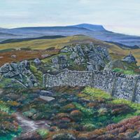 Rylstone Crag by Jonathan Little. This oil painting captures Rylstone Crag, Rylstone Fell and Rylstone Cross from Cracoe Fell.