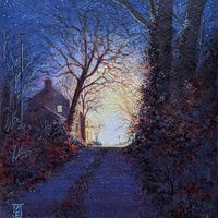 An original painting by Matthew Eyles showing headlights through trees on a country lane