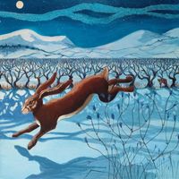A fox spots a hare racing through the snow. Saturn is near the moon