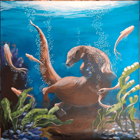 An otter chasing fish under water