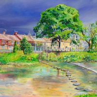 Stepping Stones Painting by Jonathan Little, shows a storm brewing above the Gargrave stepping stones on the river Aire, Airedale.