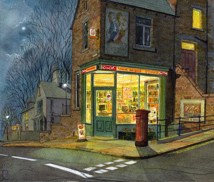 An original painting my Matthew Eyles showing a Leeds Corner Shop at night