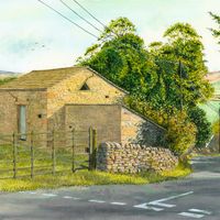 Acrylic ink painting of the barn on the road into Flasby, the Yorkshire village where I grew up.