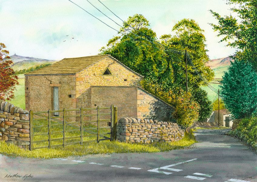 Acrylic ink painting of the barn on the road into Flasby, the Yorkshire village where I grew up.
