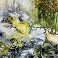 Tumbling Waters by Bev Parker of Cum-bye arts reflects upon the babbling of streams passing through countryside glades in the northern Dales.