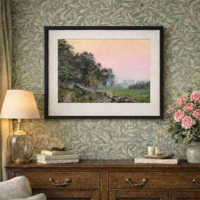 Twilight at the Edge of the Woods. Original painting by Matthew Eyles shown in a sophisticated sitting room setting