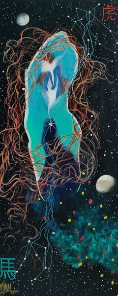 A turquoise and amber nebula floats in star-studded space with planets Venus and Mercury. Libra and Gemini lovers hold hands as a new star is born.