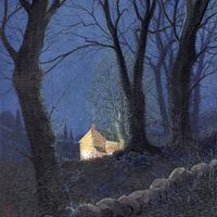 An original painting by Matthew Eyles showing an illuminated house seen through a dark wood