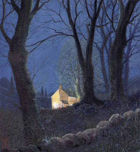 An original painting by Matthew Eyles showing an illuminated house seen through a dark wood
