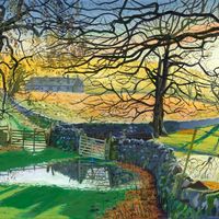 Winter reflections at Owslin is an original oil painting by Yorkshire artist  Jonathan Little that shows early sunshine on a January morning which offered some amazing shapes and colours following the heavy rains and flood water whilst walking to Hetton along a green lane in the Yorkshire Dales. The reflections in the water show the Yorkshire gate and Yorkshire dry stone wall.