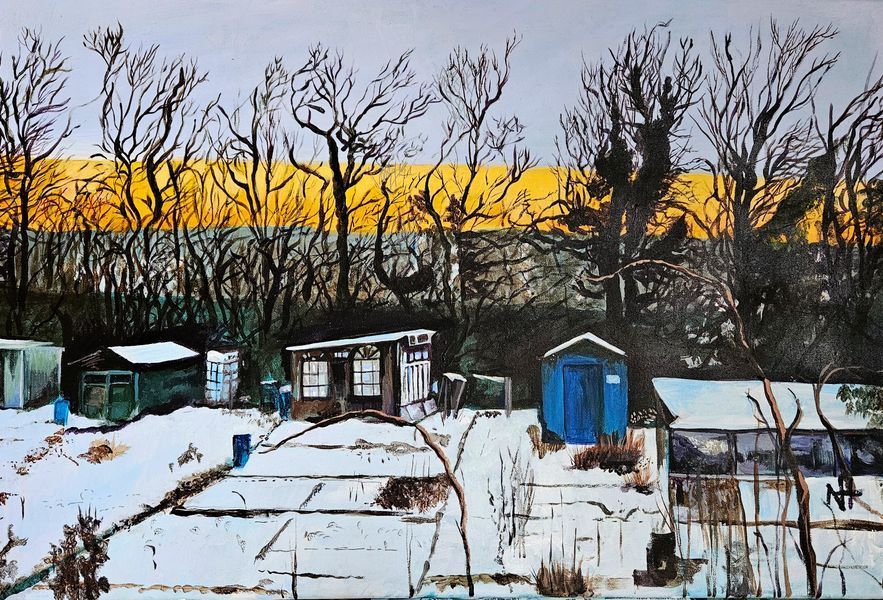A sunset scene of allotment sheds in the snow