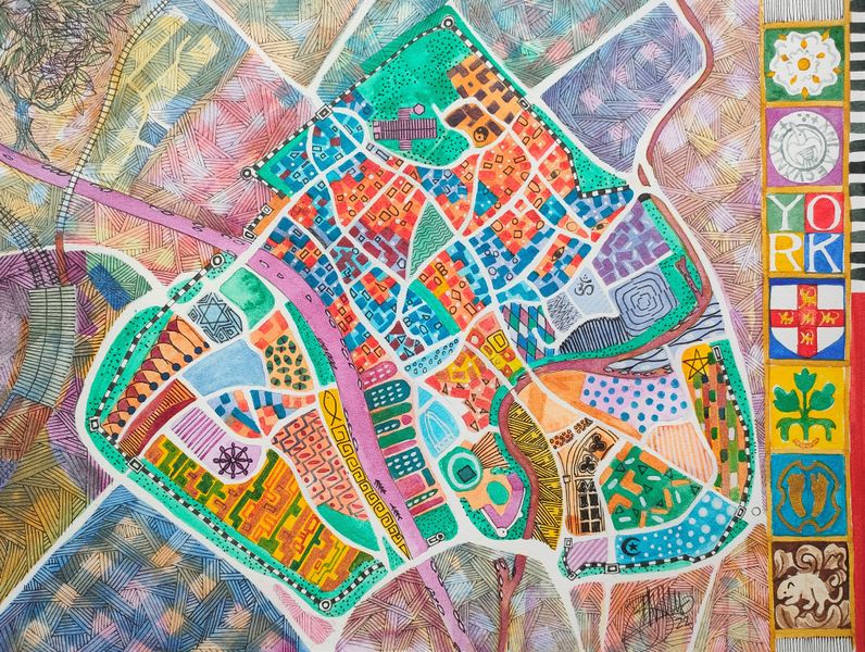 'The walled city of York' by Bridget March an abstract aerial view of the city with key landmarks