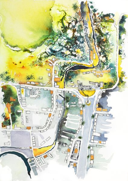It's Skipton. A view of Skipton developed from memory of its important locations that are highlighted for their significance to the artist Bev Parker of Cum-bye arts.