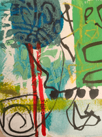 abstract painting with blue, greens and a red stripe