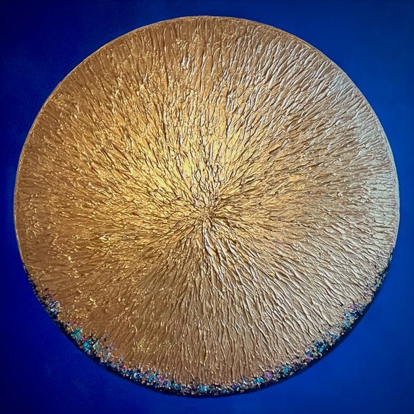 Rich Earth by Katrina Thompson. Cobalt blue background as Earth’s atmosphere. Textured gold planet standing out against the blue to reflect its unspoiled state. Capturing a time before environmental damage.Reminding us how important it is to protect what’s left