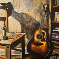 A guitar leans against a wall. A bottle of whiskey and a glass sits on a chair. Shadows lengthen in the room