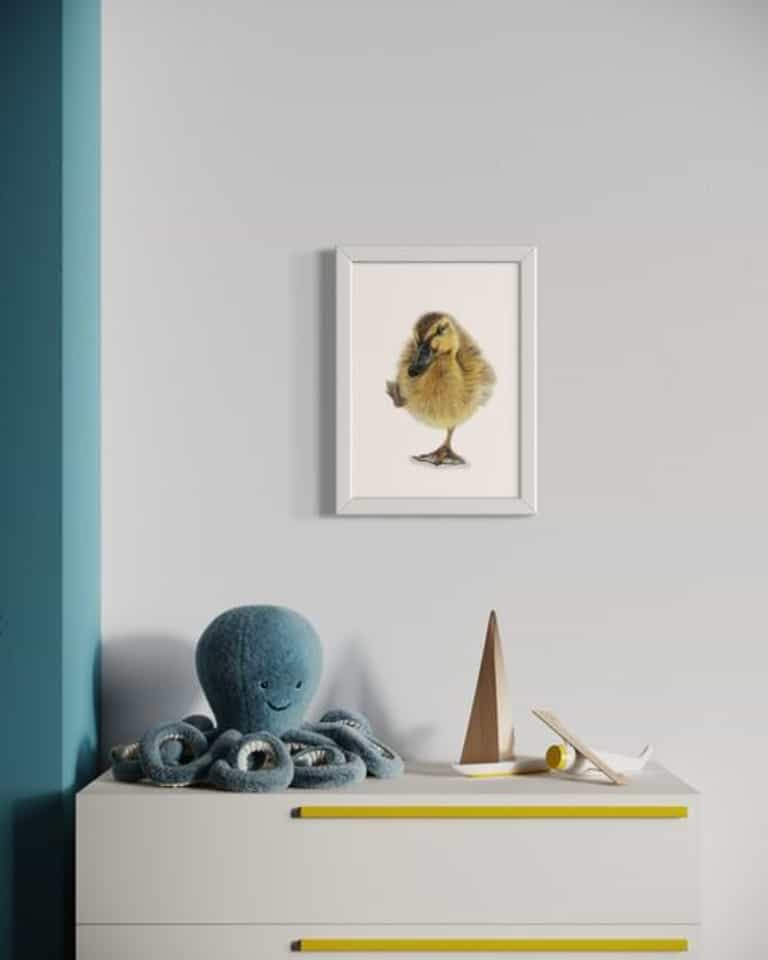 coloured pencil drawing of little duckling with one foot in the air by Katrina Thompson
