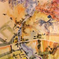 Hebden to Yarnbury by Bev Parker of Cumbye arts is a collaboration of the shared and shapes for former lead mining landscape with its historical context.