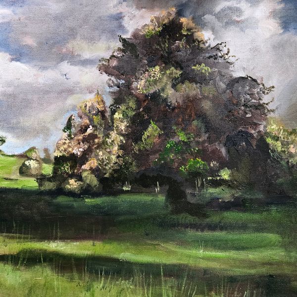 Large horsechestnut tree in full leaf against a brooding sky