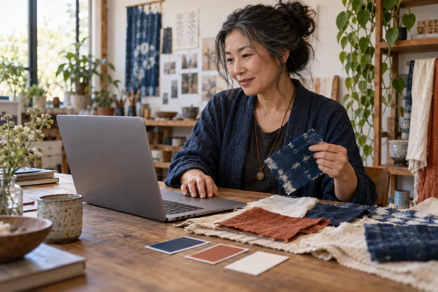 Textile artist comparing indigo fabric and colour samples beside her laptop