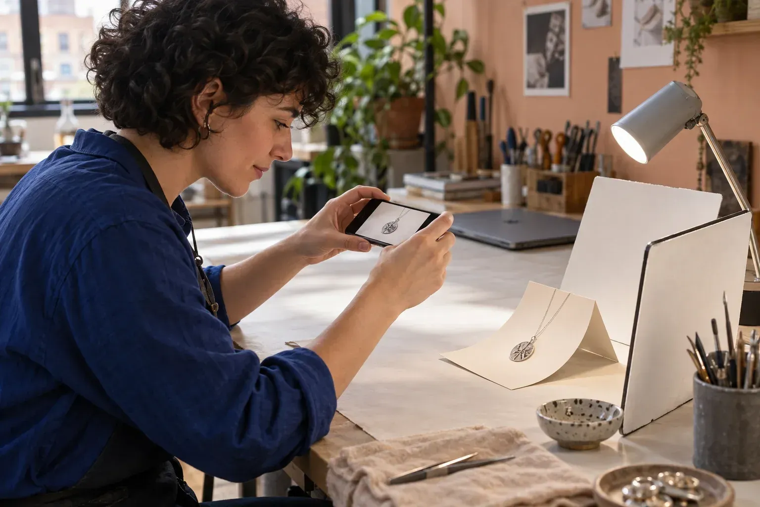 Jeweller photographing a finished silver pendant on a tabletop backdrop
