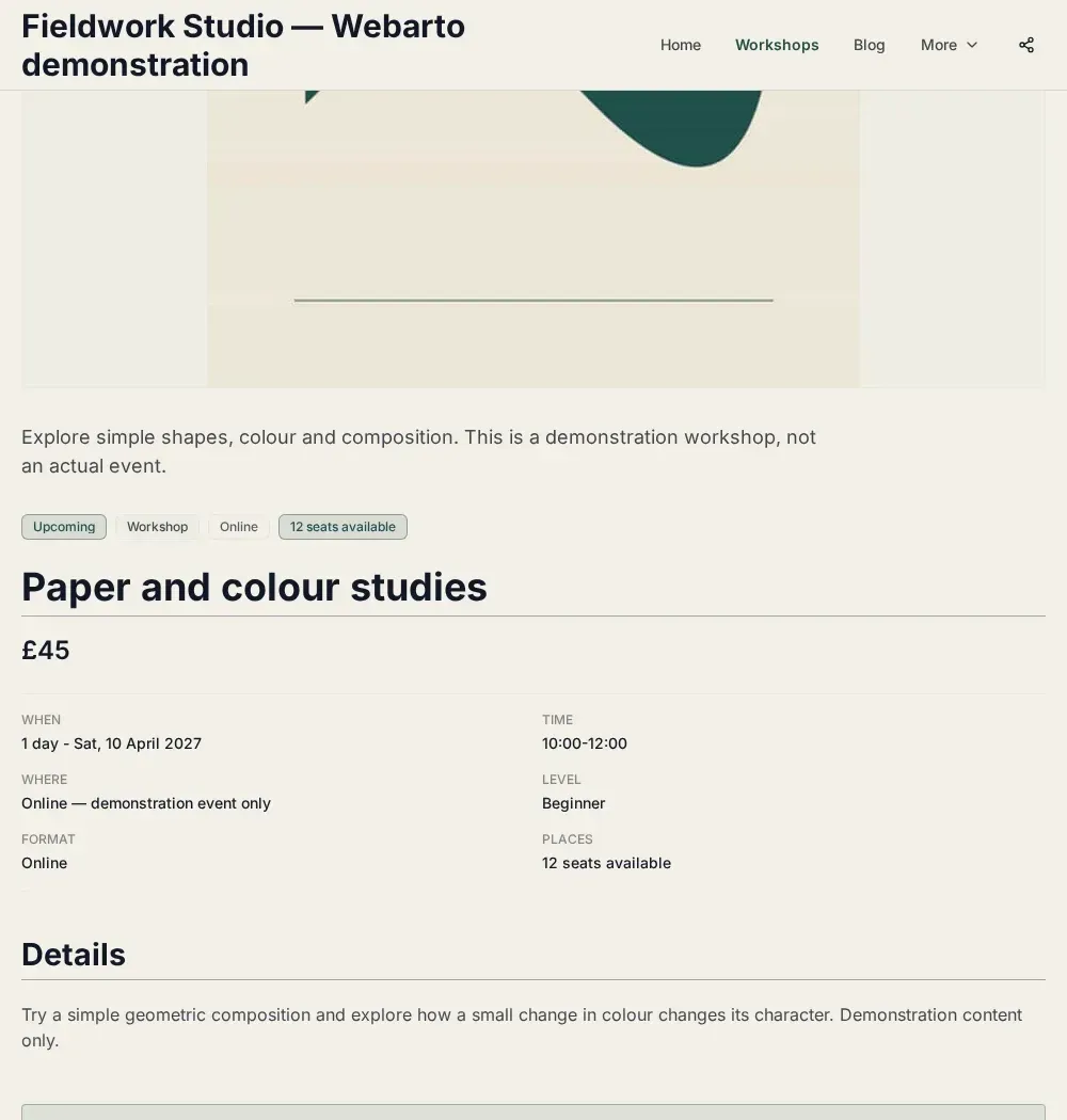 A demonstration workshop with its dates and booking information.