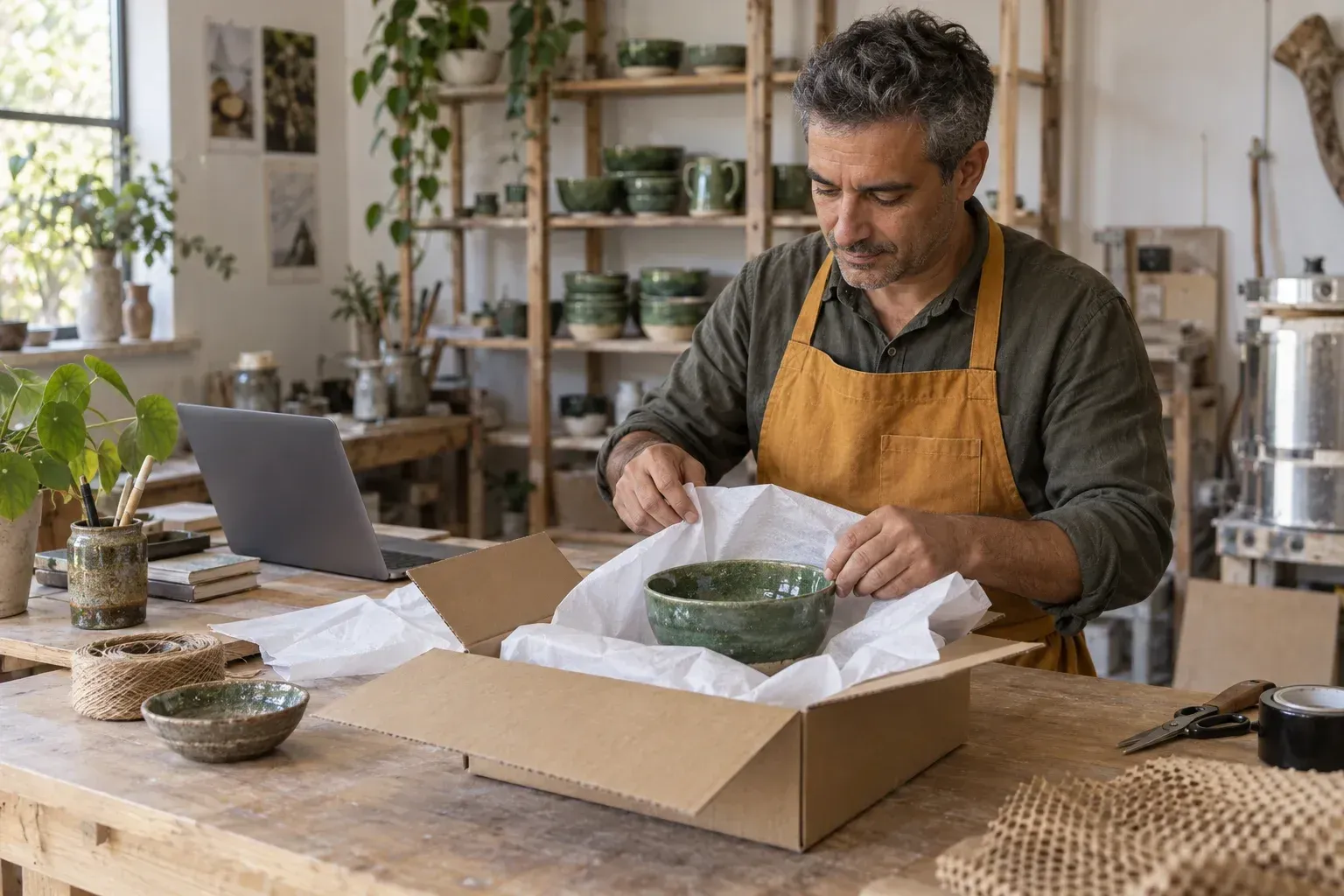 Maker wrapping a green ceramic bowl for delivery beside an open laptop