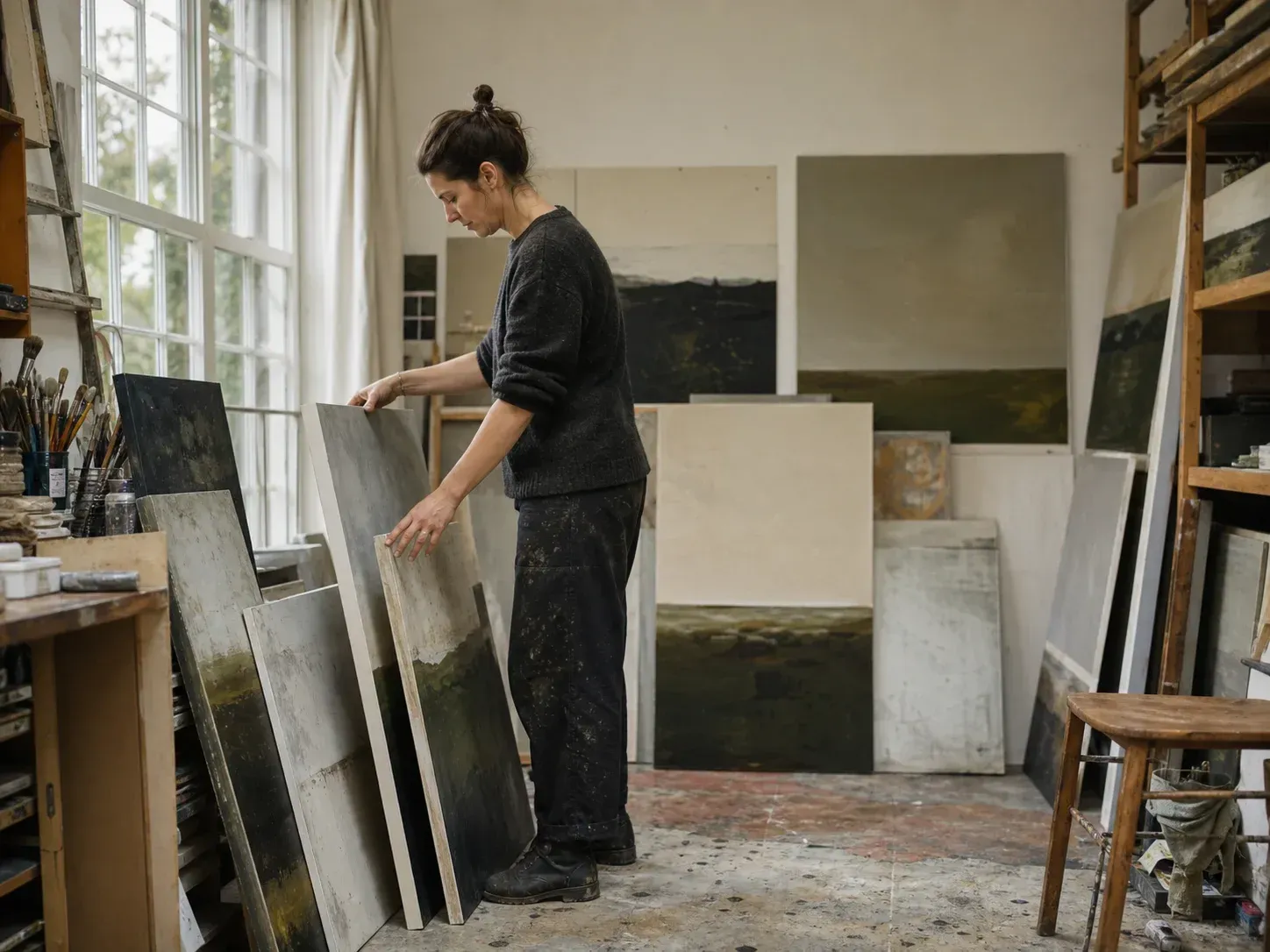 Painter arranging canvases into different bodies of work in a studio