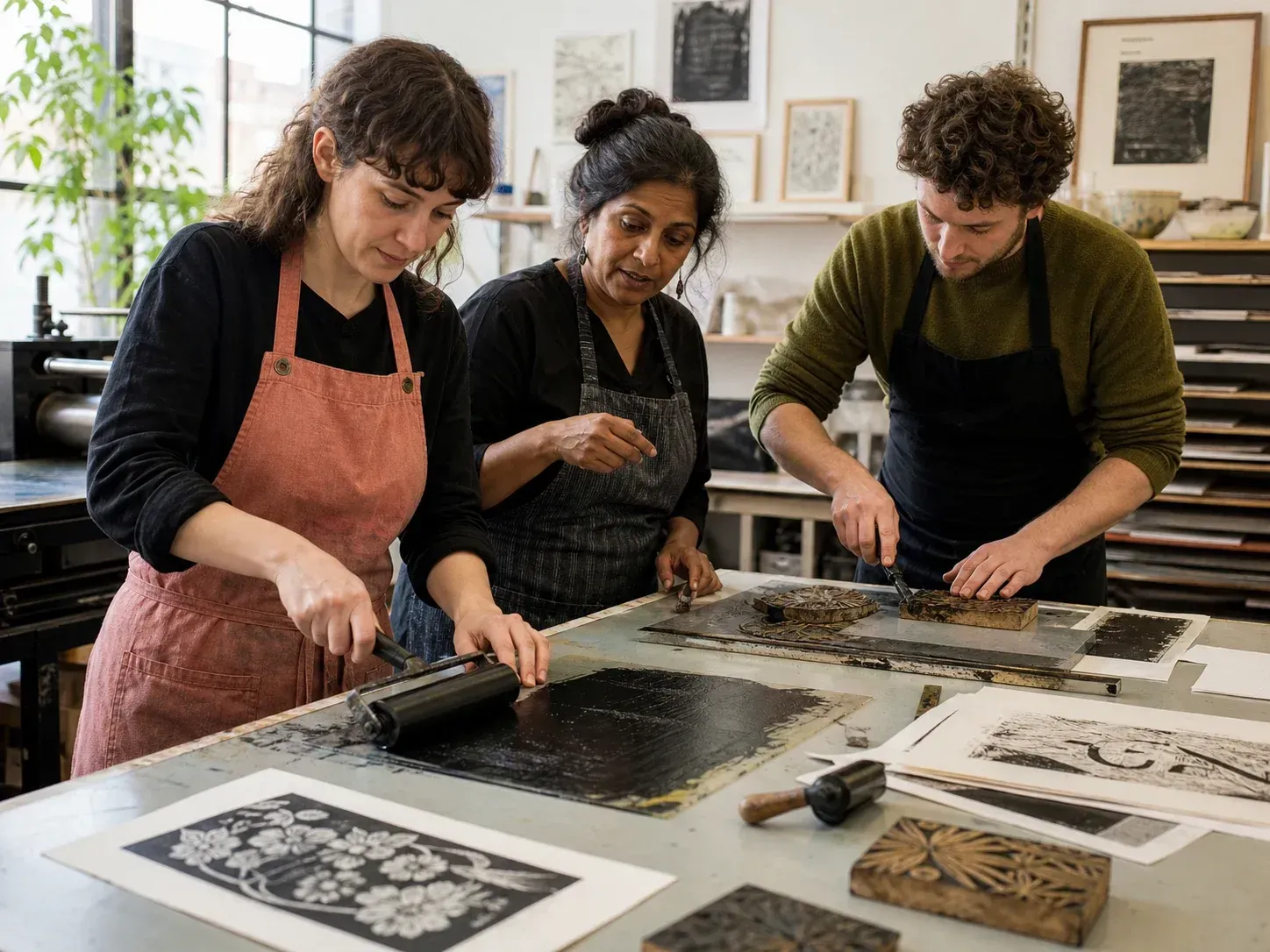Artist guiding participants through a printmaking workshop