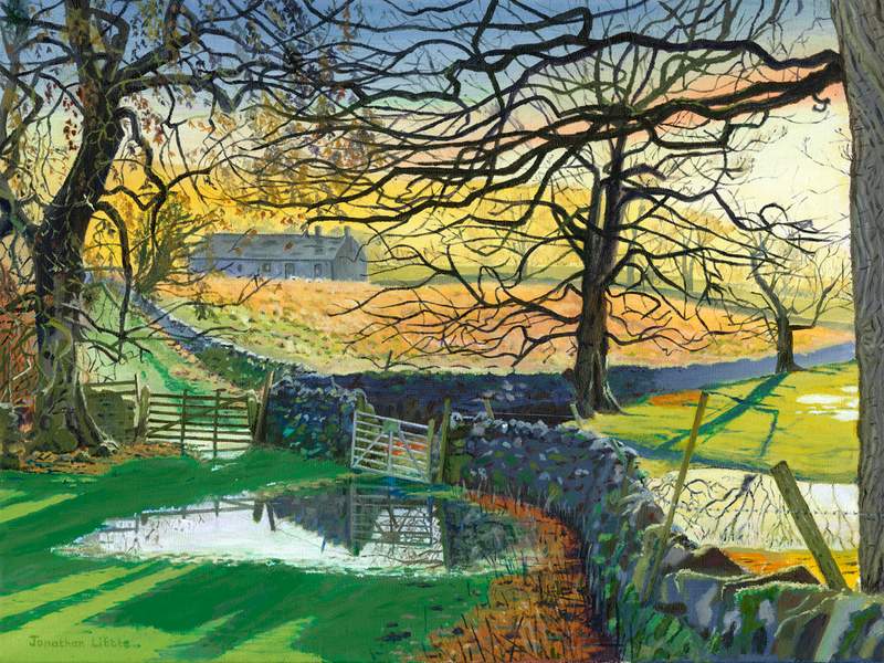 Landscape painting by Jonathan Little, with bare trees, a gate and a puddle in warm sunlight.