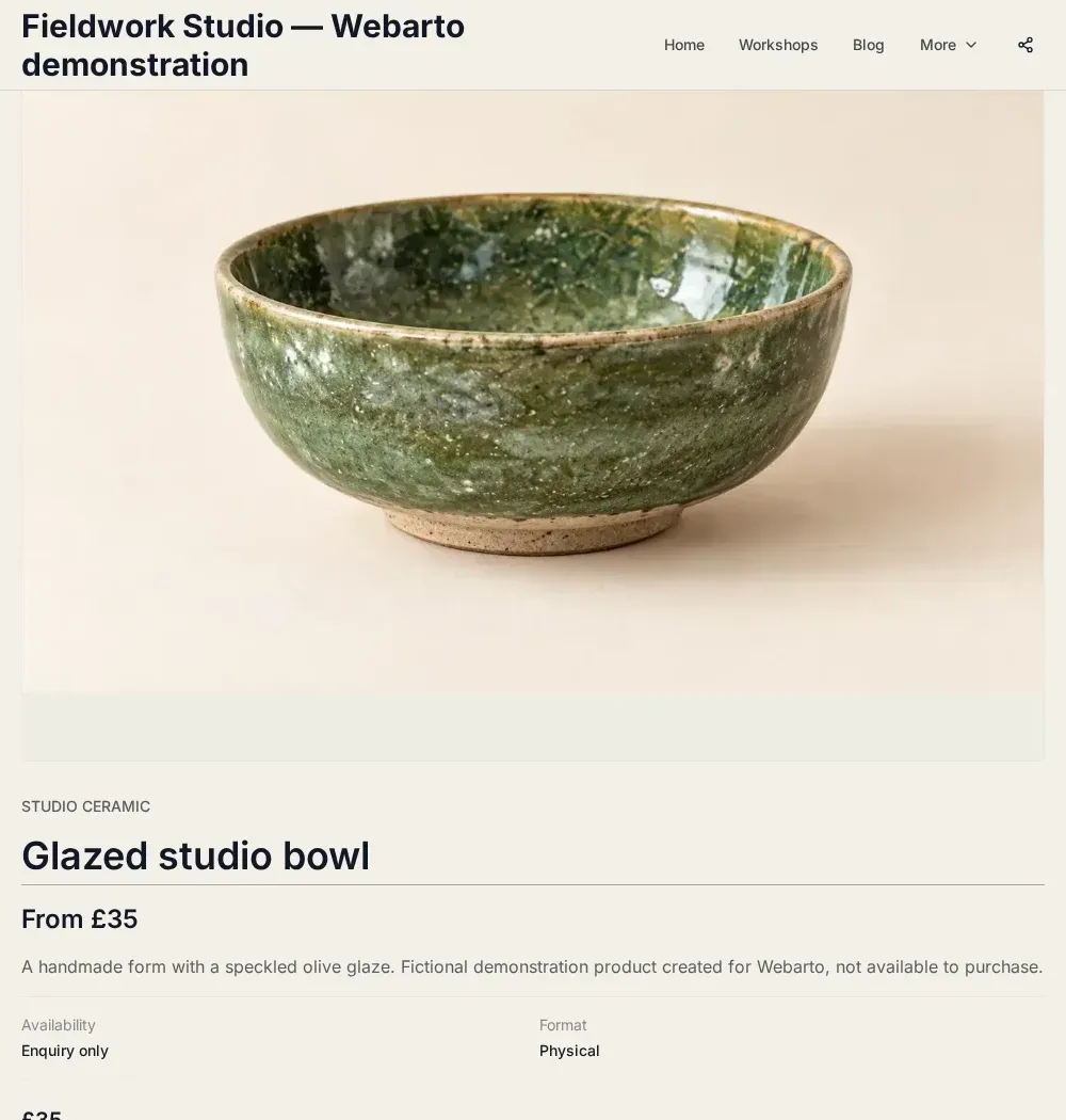A fictional handmade product on its own Webarto page.