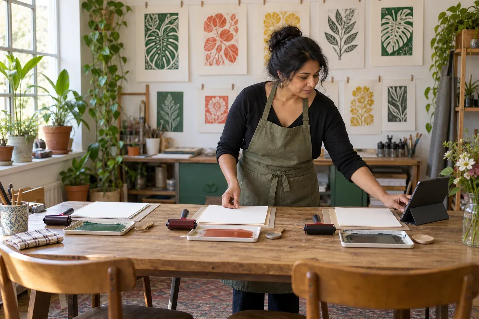 Printmaking tutor arranging workshop materials while checking a tablet