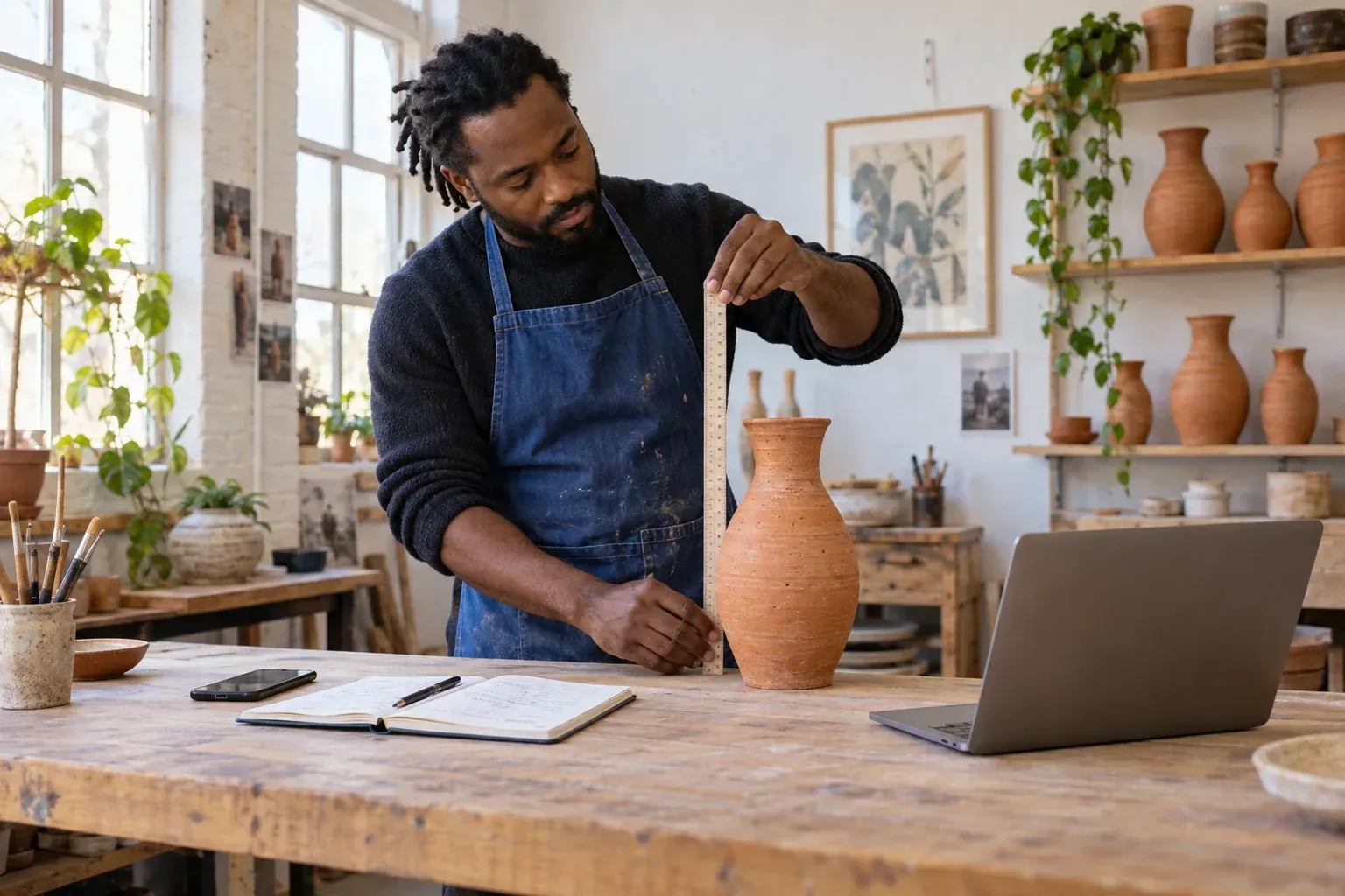 Ceramicist measuring a finished terracotta vase beside a notebook and laptop